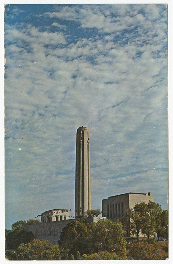 Faded vintage color photograph of Liberty Memorial Tower, Memory Hall and Exhibit Hall.