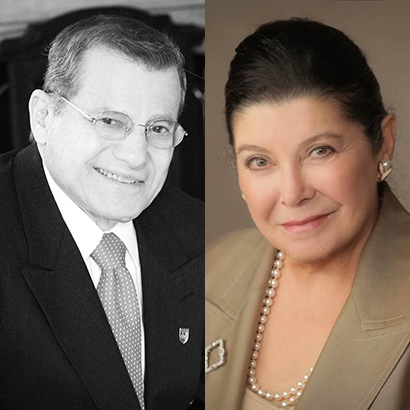 A photo of an older white man in a dark suit and glasses. Second photo of an older white woman wearing a tan suit jacket and pearls.
