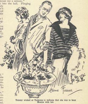 Printed illustration of a young white man and two young white women dressed in 1920s fashion