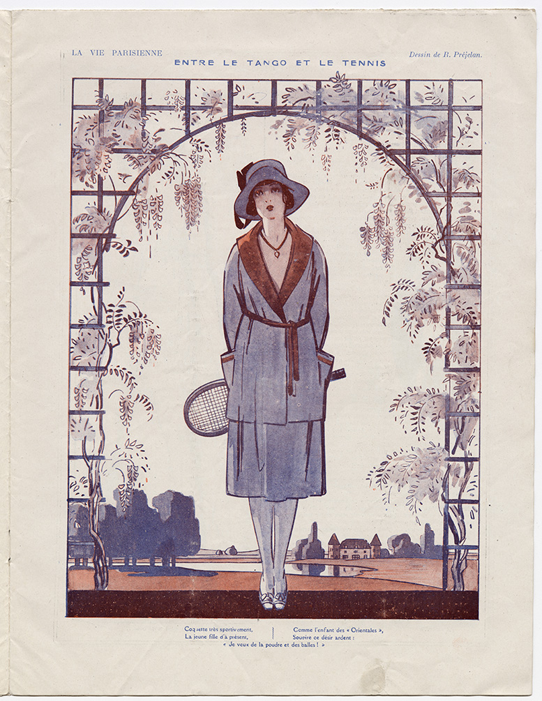Color painting of a young white woman in slouchy blue hat, a blue jacket and skirt, holding a tennis racket