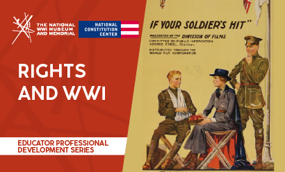 Poster illustration of a white woman in military uniform sharing a basket of fruit with a white man in military uniform with his arm bound in bandages.