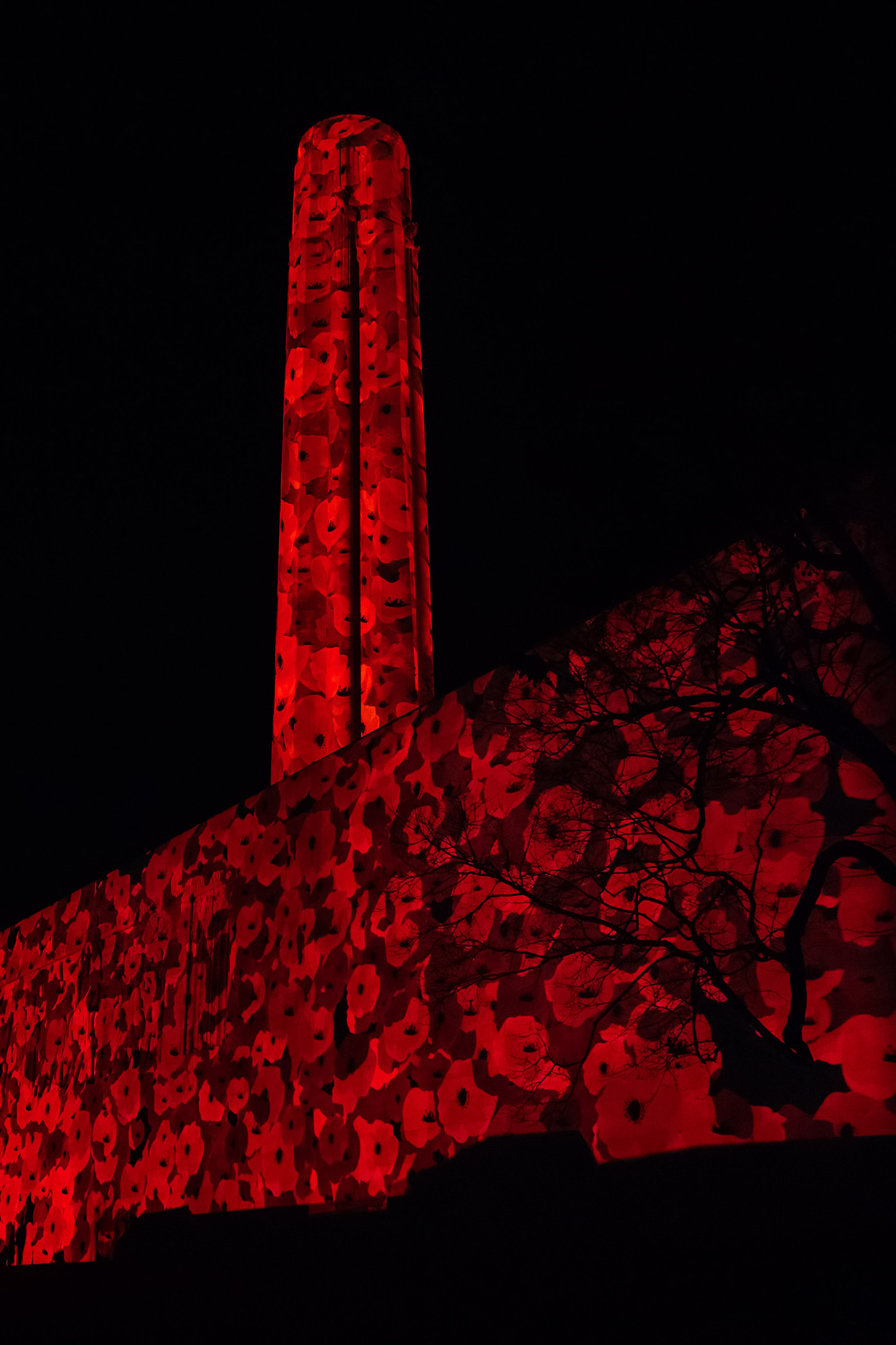Modern photo of Liberty Memorial Tower covered in a projected light show of red poppies