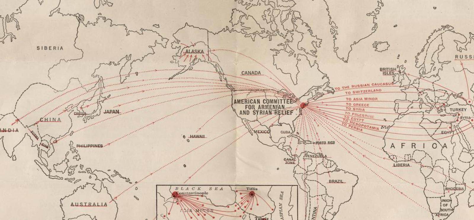 Fragment of a printed map labeled 'American Committee for Armenian and Syrian Relief' with red arrows radiating from the US