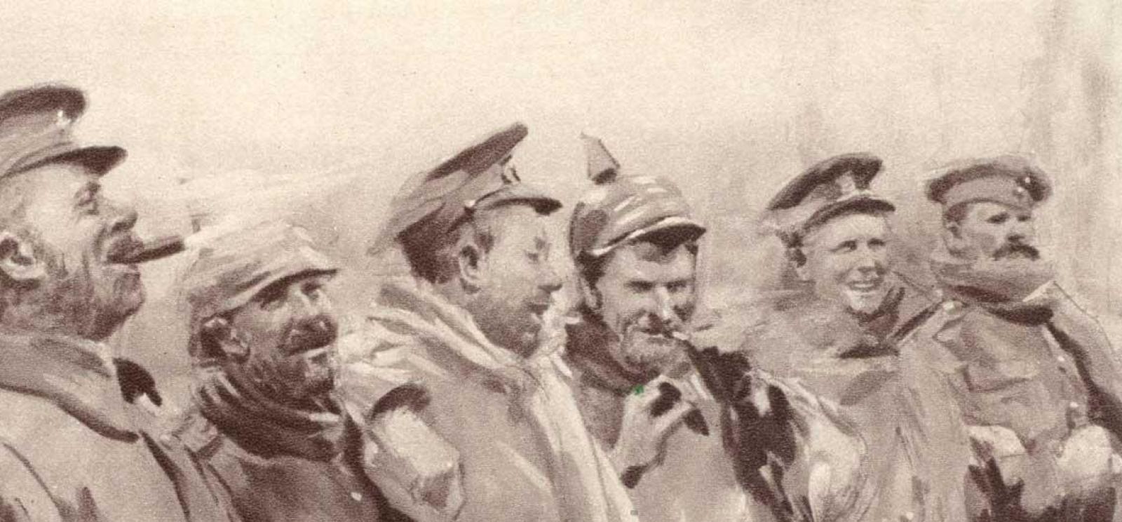 Loose, sketchy painting of six soldiers dressed in winter clothing and military uniforms from different countries. They are smiling and laughing, some of them smoking cigarettes or cigars.