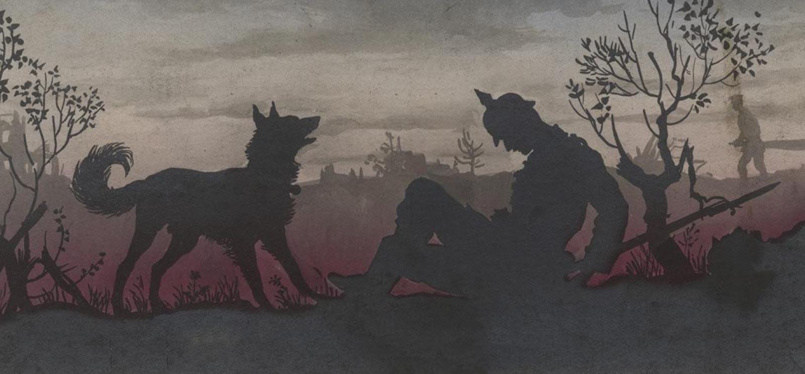 Stylized painting of the silhouettes of a soldier sitting down on a battlefield and a dog in front of him.