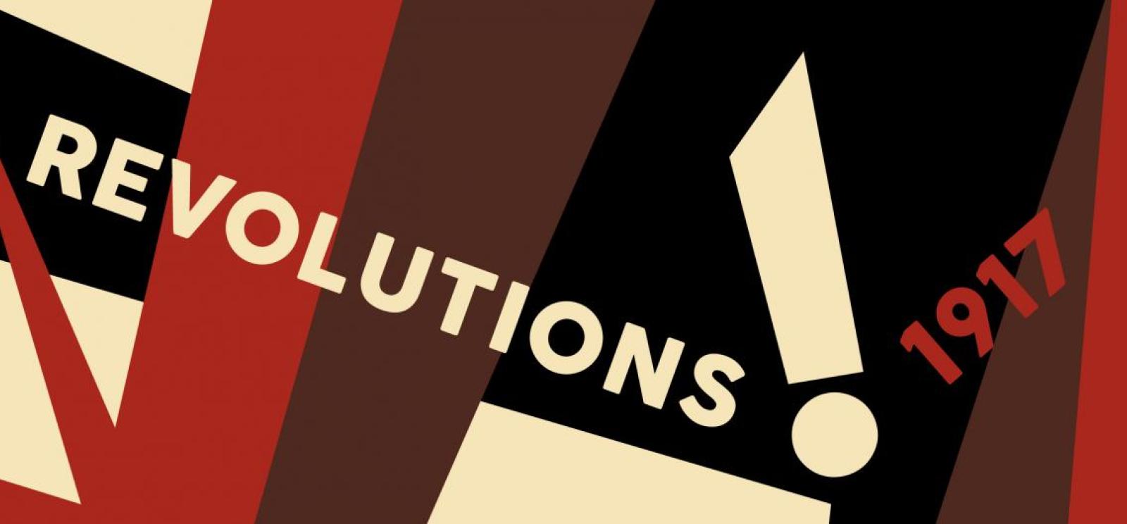 Background: red, brown and cream angular shapes. Text: Revolutions! 1917 in cream and red.