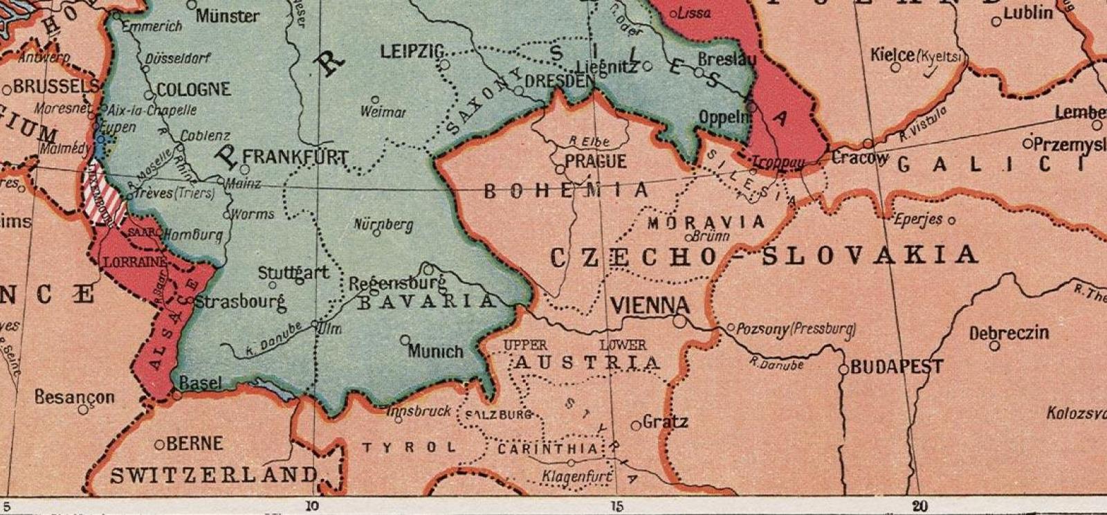 Scan of an old map of the southern part of Germany, Czechoslovakia, Austria and surrounds.