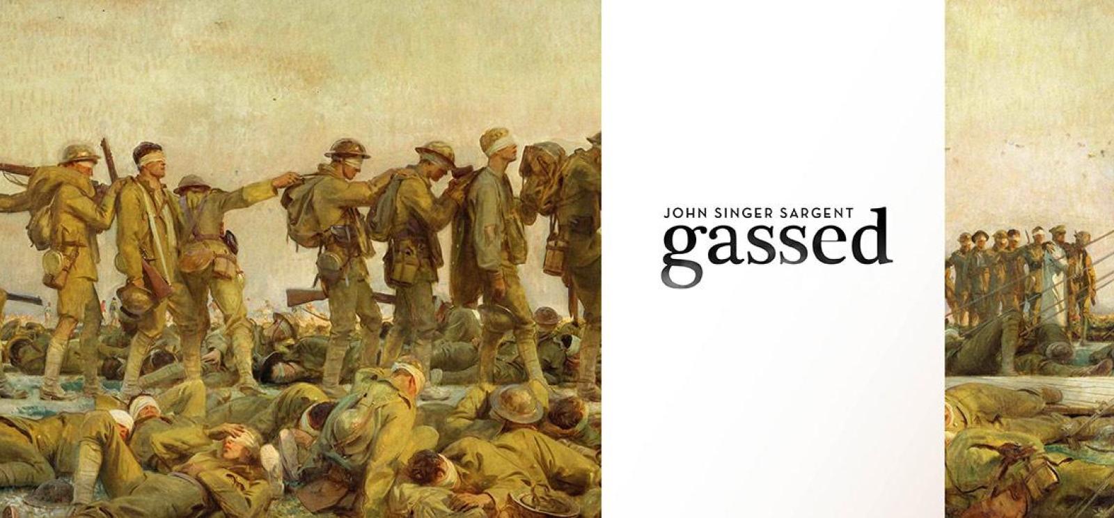 နောက်ခံပုံ- ဓာတ်ငွေ့တိုက်ခိုက်မှုကြောင့် ပျက်စီးသွားသော စစ်သည်များ၏ ပန်းချီကားတစ်ချပ်။ စာသား- John Singer Sargent ၏ Gassed