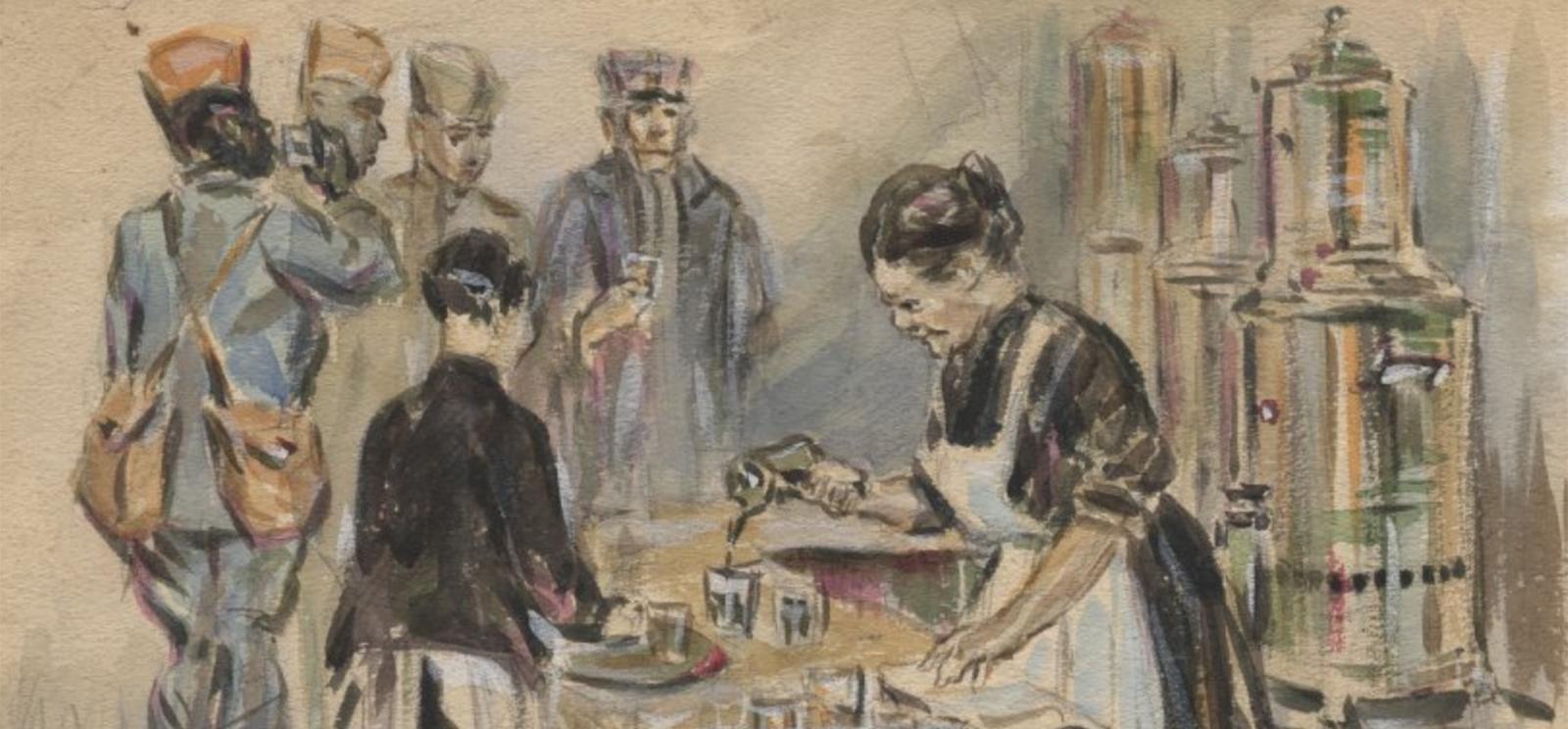 Watercolor painting of two white women wearing aprons pouring coffee for a group of WWI soldiers.