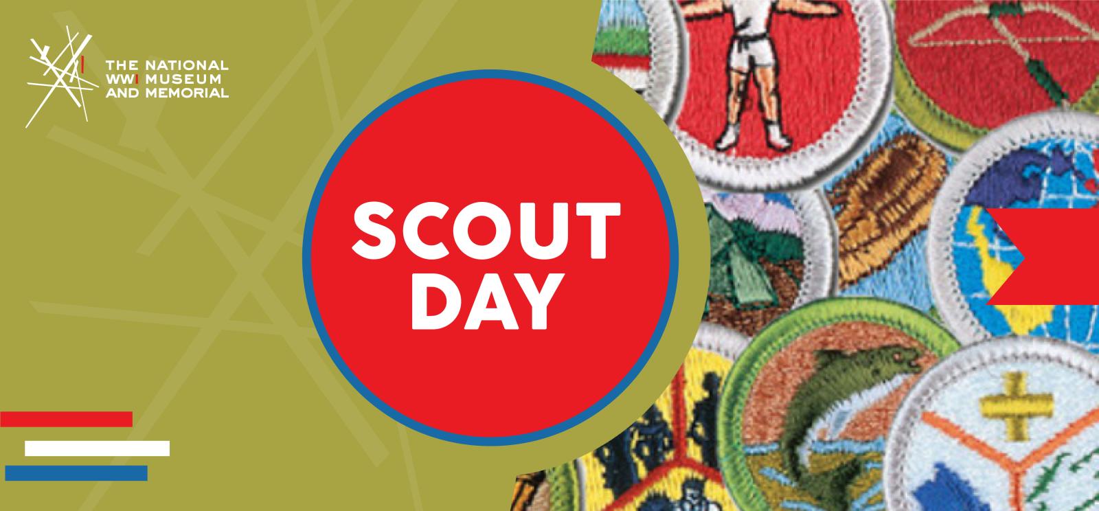 Image: Boy Scout badges layered on top of each other. Text: Scout Day
