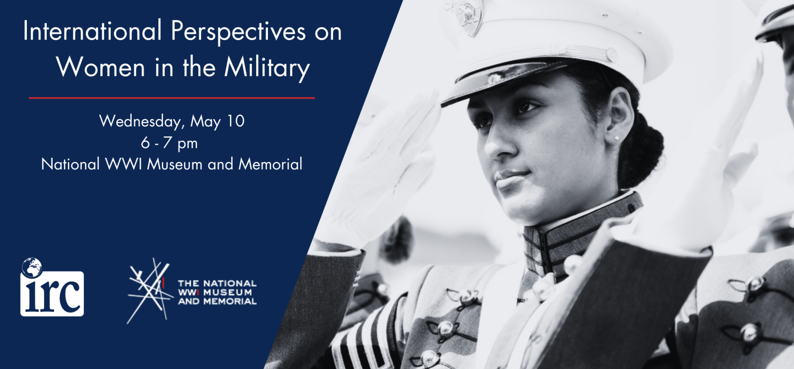 Image: Black and white photograph of a woman with dark hair wearing a military uniform and saluting. Text: 'International Perspectives on Women in the Military'