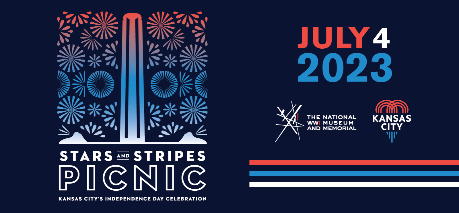 Stylized graphics of fireworks surrounding a stylized Liberty Memorial Tower, in red, white and blue. Text: 'Stars and Stripes Picnic / Kansas City's Independence Day Celebration / July 4 2023'