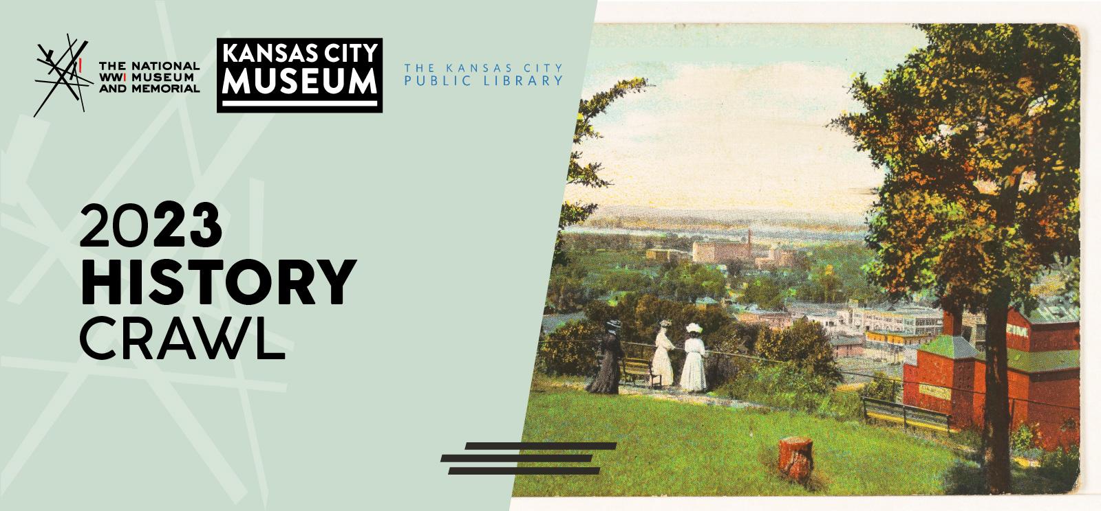Image: Painting of a peaceful park space on a hill overlooking early Kansas City. Text: 2023 History Crawl