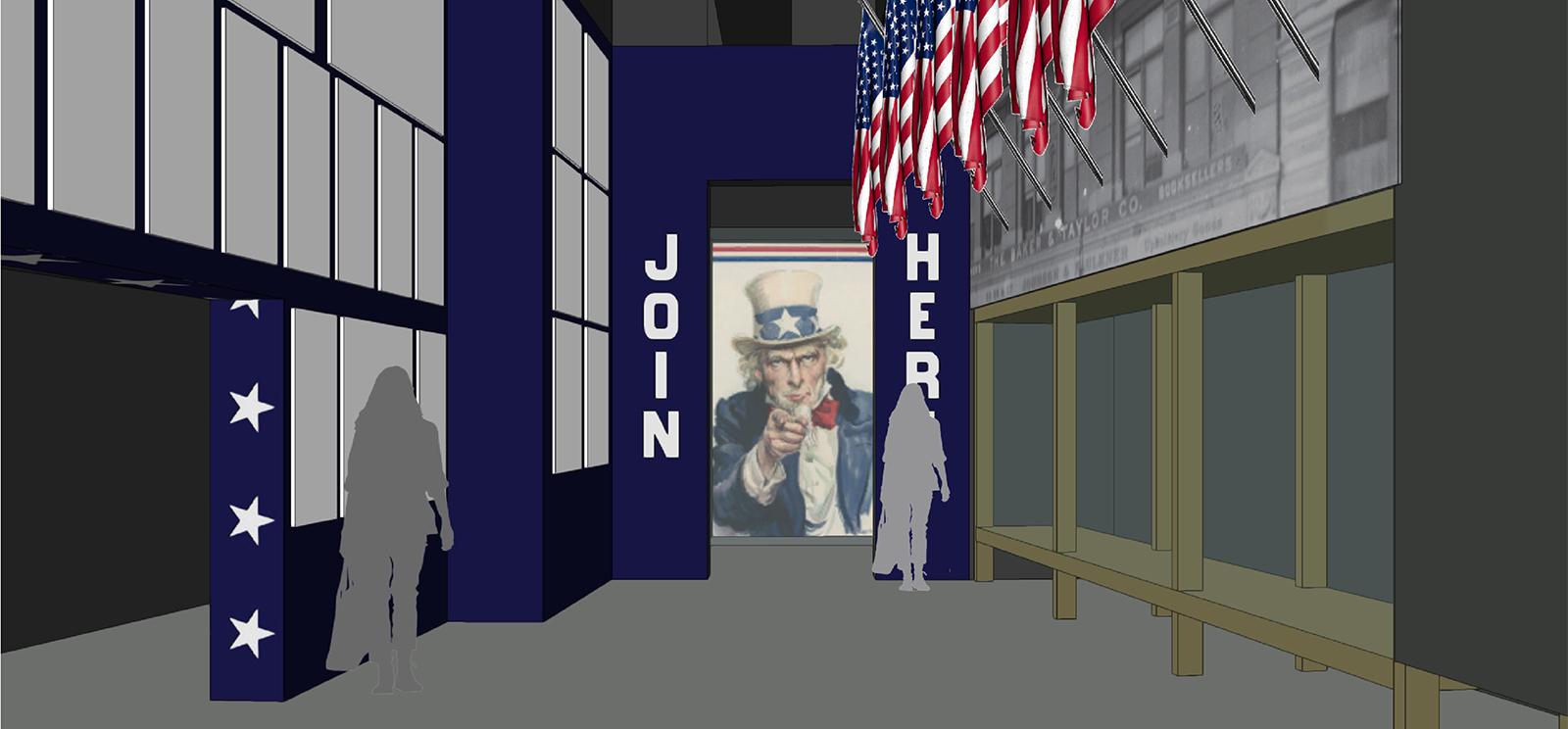 Computer rendering of a museum gallery space featuring a a row of U.S. flags and a large Uncle Sam display