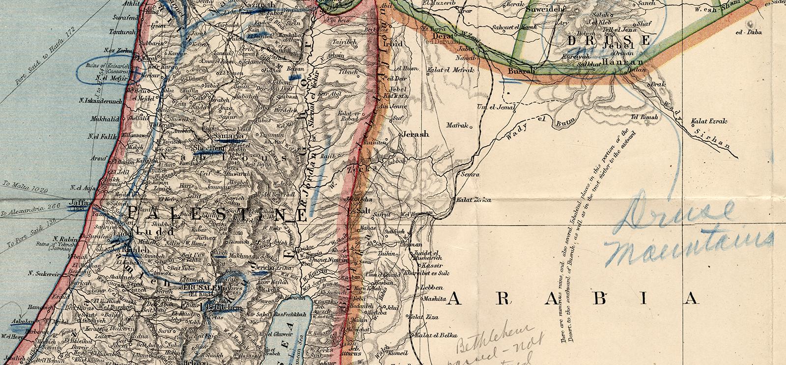 Crop of a map showing part of Palestine, Arabia and the Mediterranean Sea
