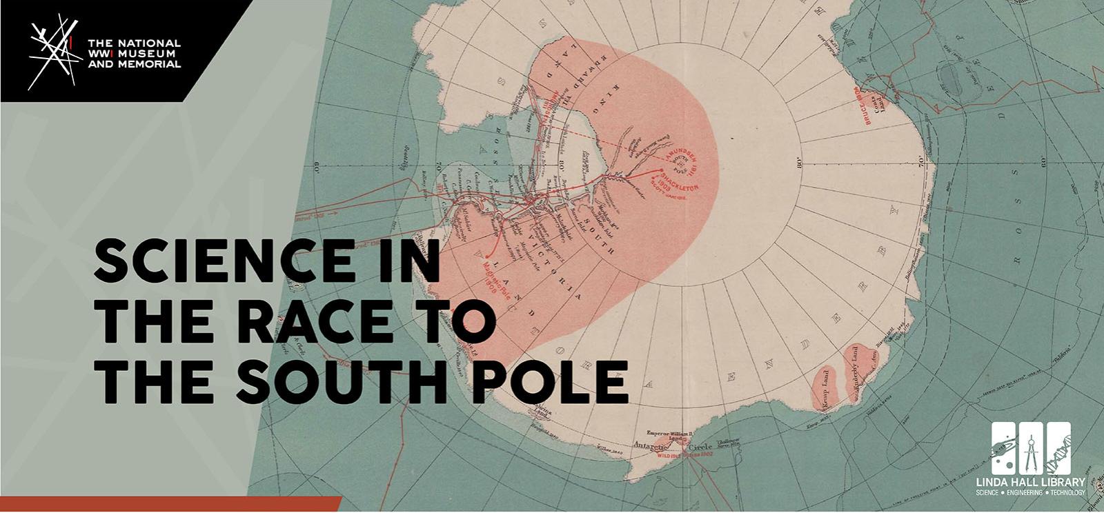 Image: Vintage map of Antarctica. Text: 'Science in the Race to the South Pole'
