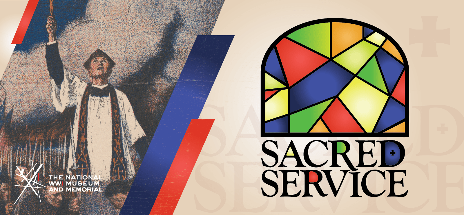 Image: a WWI-era painting of a white man in clerical robes and stole standing in a gloomy outdoors setting, looking up to the sky as he raises a small cross in his hand. A handful of soldiers kneel at his feet. Sacred Service logo: a simplified graphic of a stained-glass window with the words 'SACRED SERVICE' in all-caps serif font underneath.