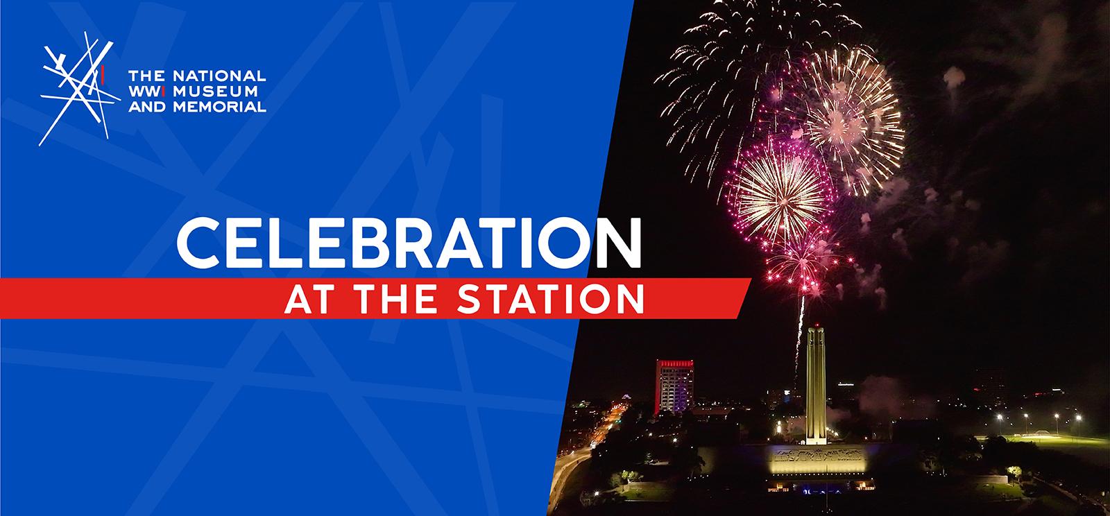 Image: Modern photograph of the Liberty Memorial Tower lit up by huge magenta fireworks.