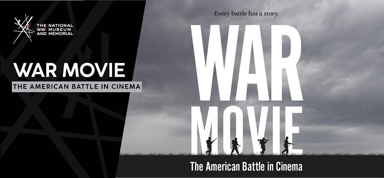 Black and white movie poster with tiny illustrated silhouettes of WWI soldiers running across a stark landscape with the words 'WAR MOVIE' looming above them