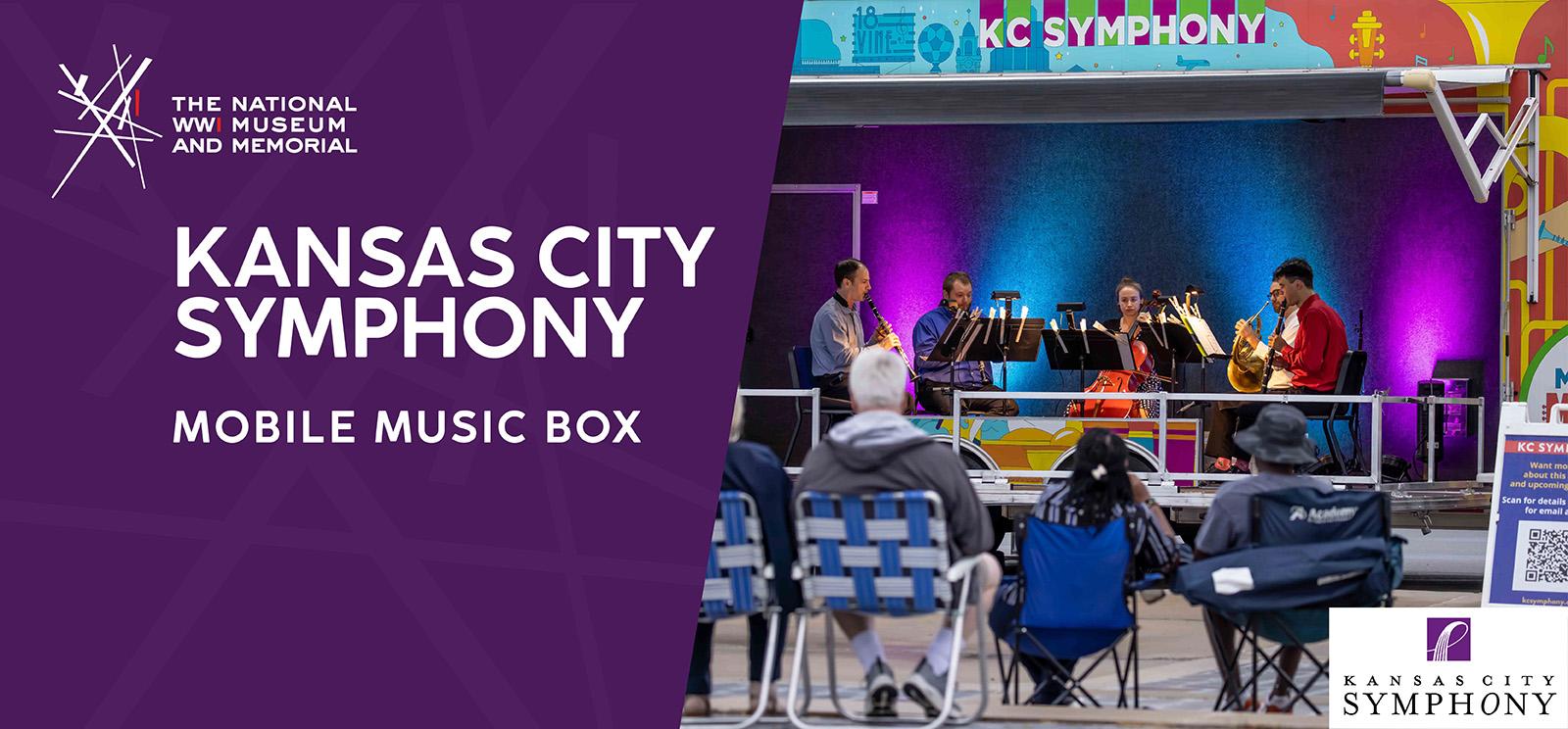 Modern photograph of several chamber music musicians playing on a portable stage lit up in pink and turquoise, as audience members sit in front of them in camp chairs. Text: 'Kansas City Symphony / Mobile Music Box'