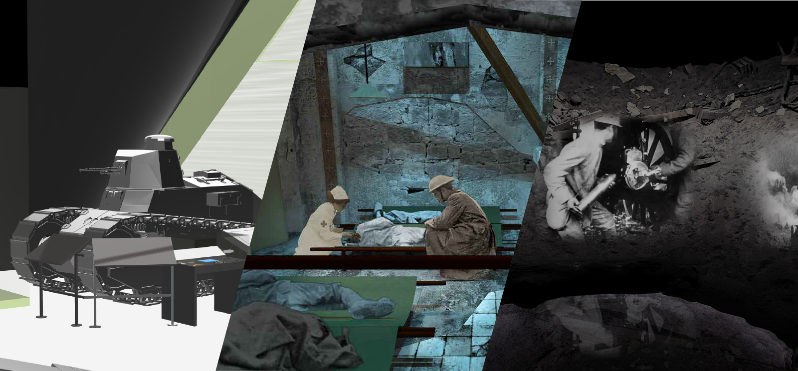 Collage of three images: Left image: computer rendering of a small WWI tank in a museum display. Middle image: computer rendering of a WWI nurse and soldier tending to an injured person inside a devastated stone building. Right image: computer rendering of a shell crater with holograms of soldiers and landscapes projected on the walls.