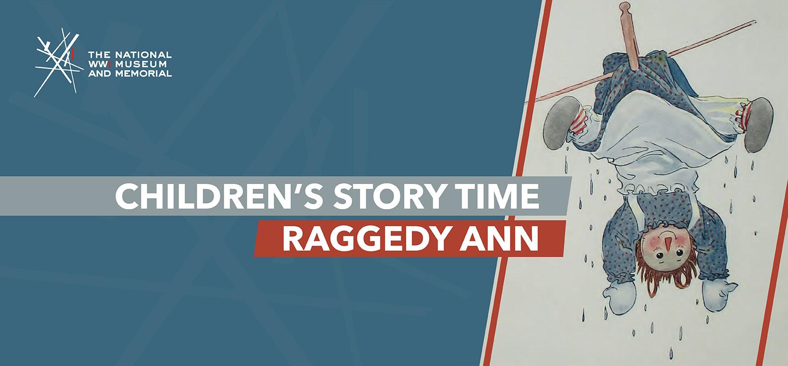 Image: Vintage illustration of a red-headed rag doll clothespinned upside-down to a clothes-drying line, dripping with water. Text: 'Children's Story Time: Raggedy Ann'