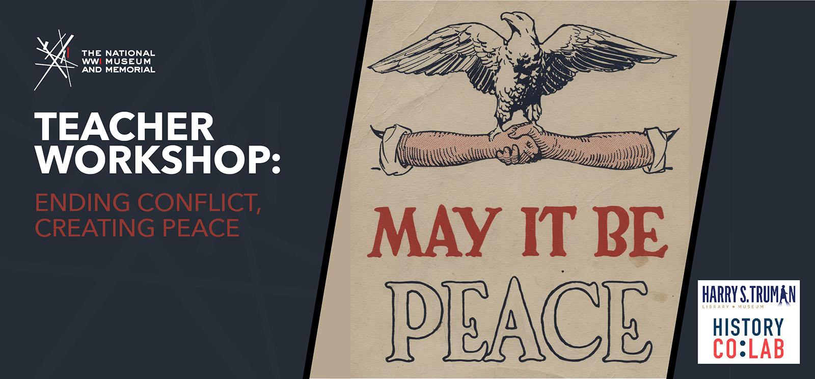 Crop of a propaganda poster depicting an eagle perched on two people's clasped hands. Text in all-caps: 'May it be Peace'