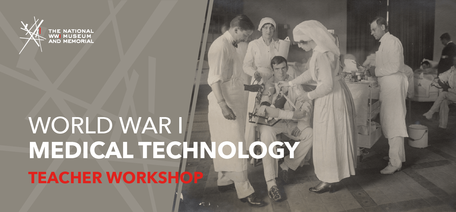 Black and white photo of a group of doctors and nurses surrounding a seated white male patient. They are fitting some kind of device onto his injured arm.