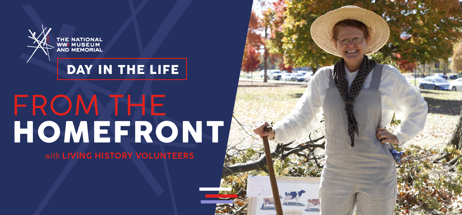 Modern photograph of a middle-aged white woman wearing a large straw hat, vintage overalls and boots. She is leaning on a shovel in front of a temporary display about the Women's Land Army of America.