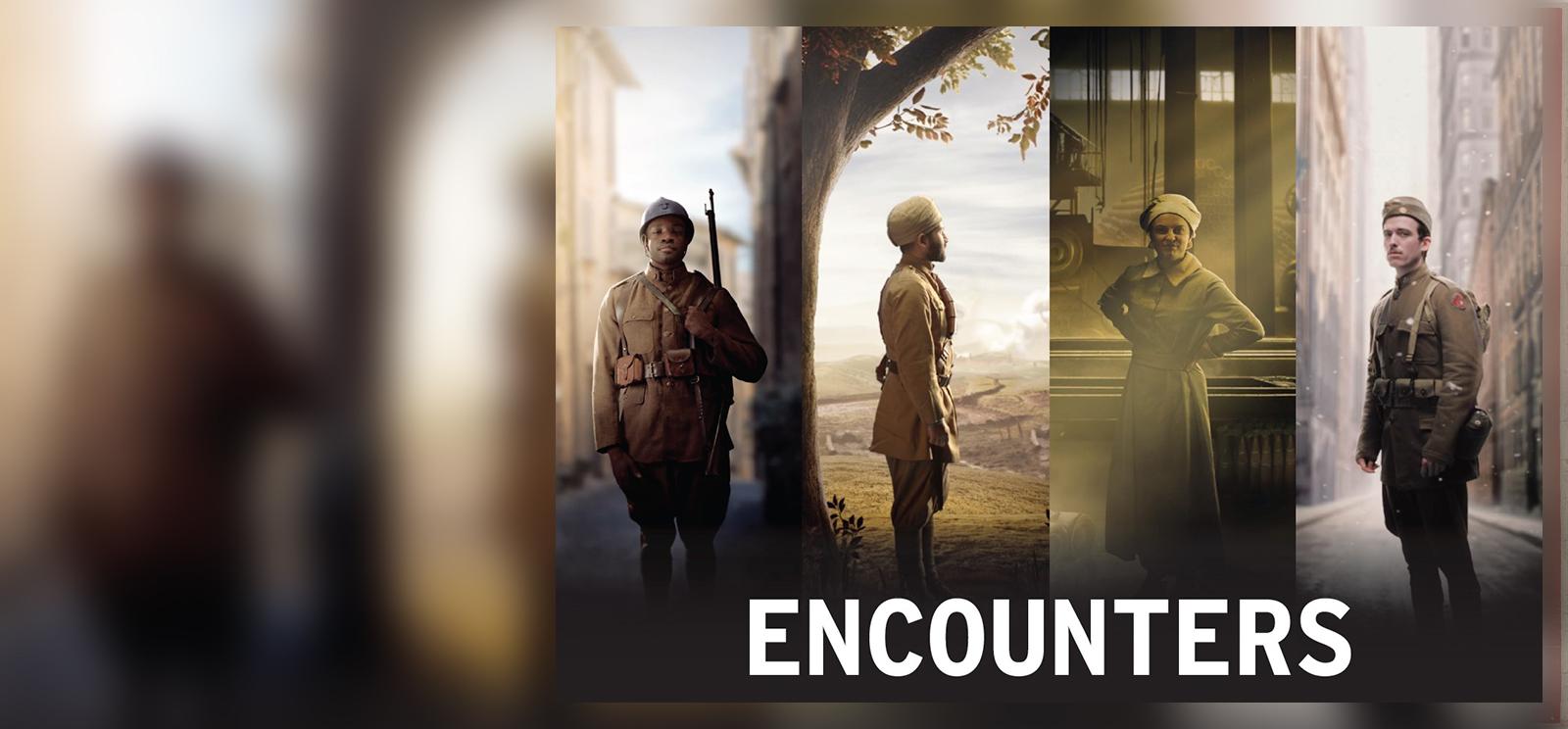 Collage of four individuals in front of four CGI backgrounds: a Black soldier, an Indian soldier, a woman factory worker and a European soldier