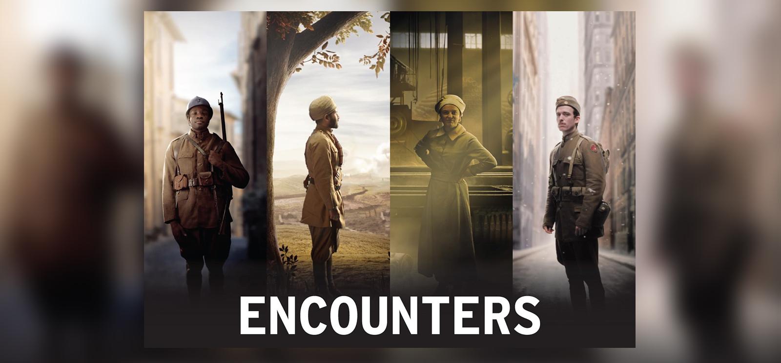 Collage of four individuals in front of four CGI backgrounds: a Black soldier, an Indian soldier, a woman factory worker and a European soldier