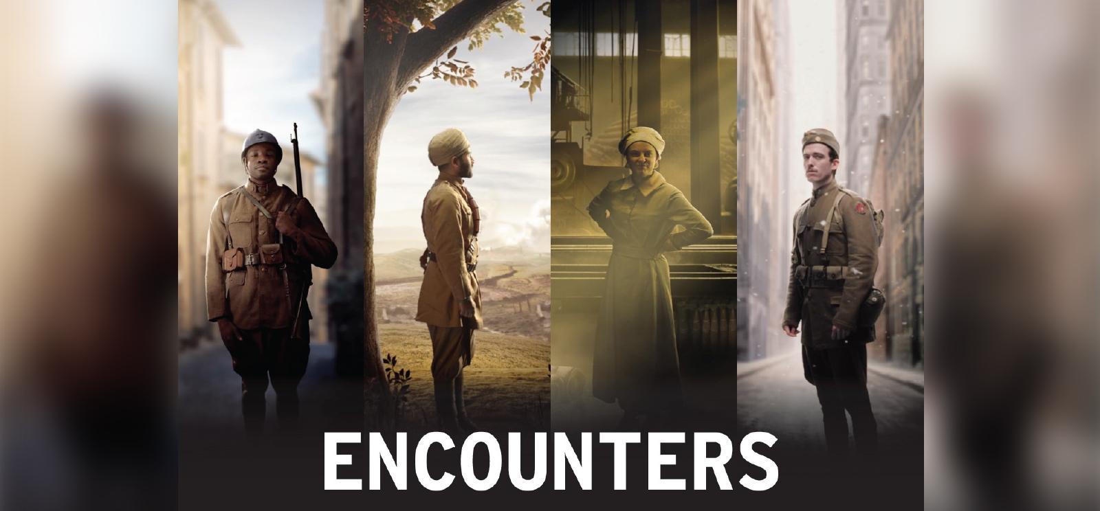 Collage of four individuals in front of four CGI backgrounds: a Black soldier, an Indian soldier, a woman factory worker and a European soldier