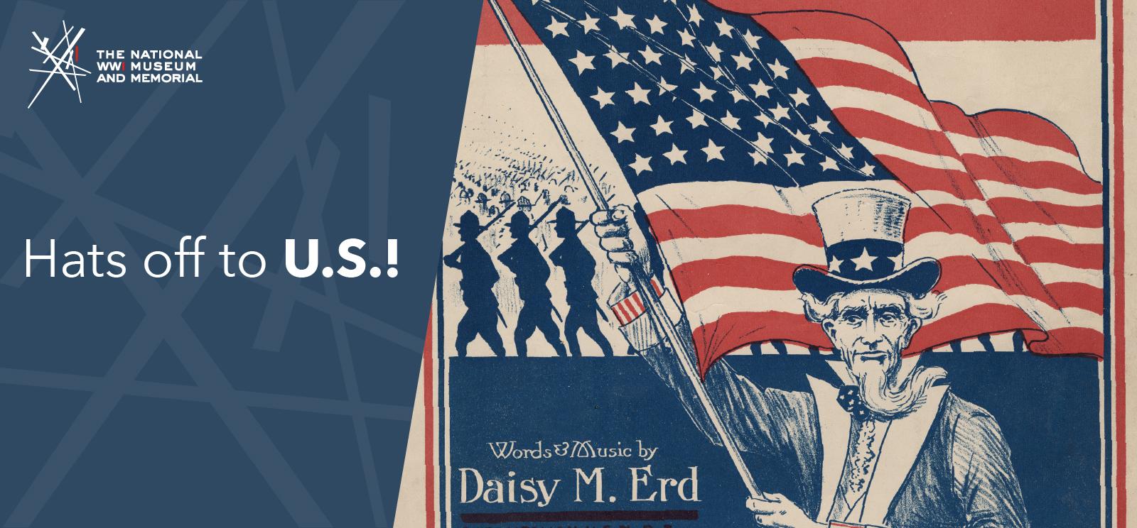 Illustration of Uncle Sam carrying a large U.S. flag as soldiers march in the background