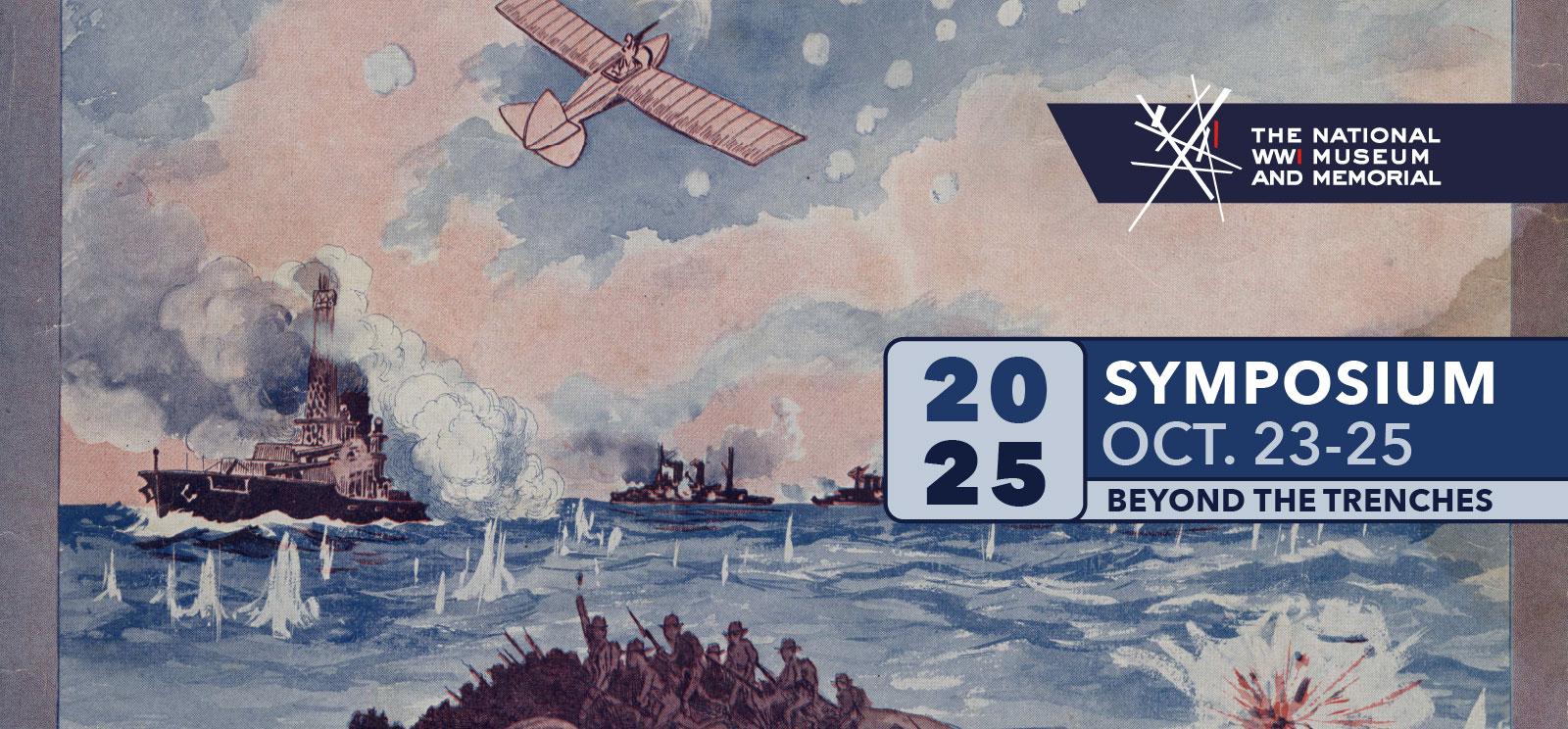 Painting depicting WWI soldiers rushing forward on a beach as ships fire cannons in the sea and airplanes fly overhead