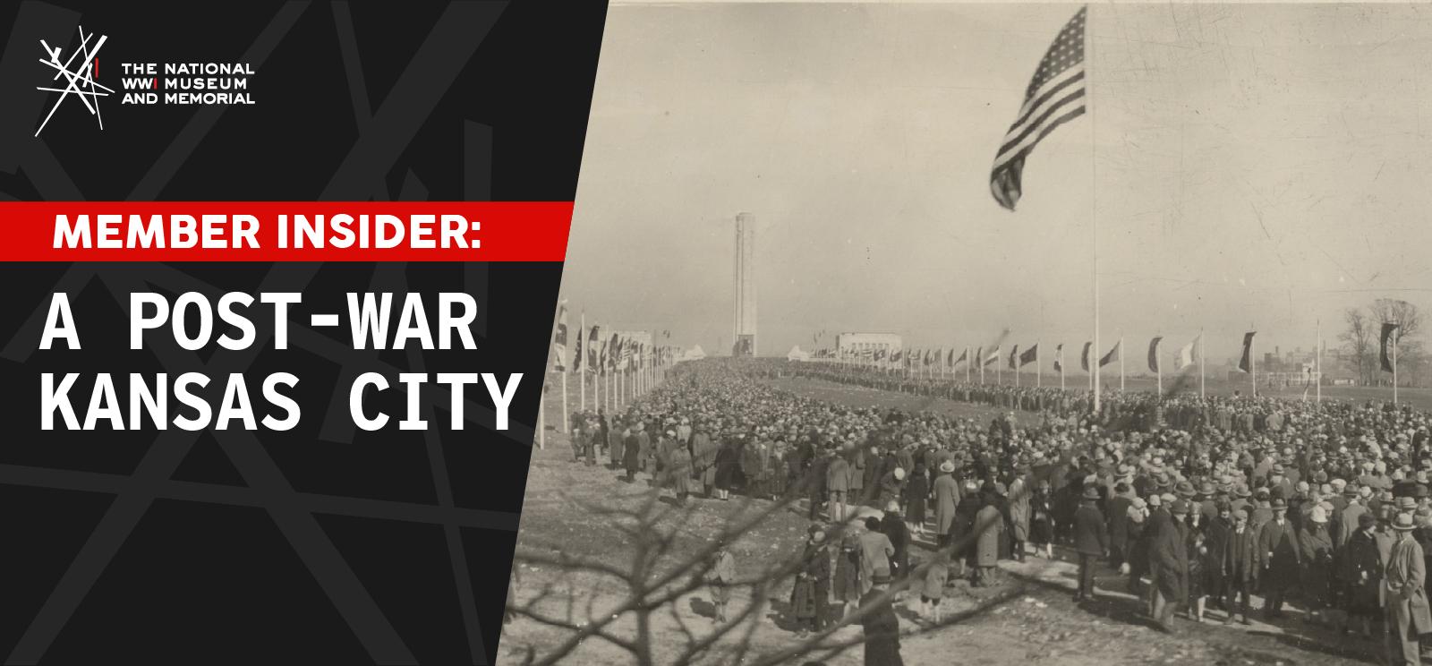 Black and white photo of thousands of people gathered on the mall in front of Liberty Memorial Tower