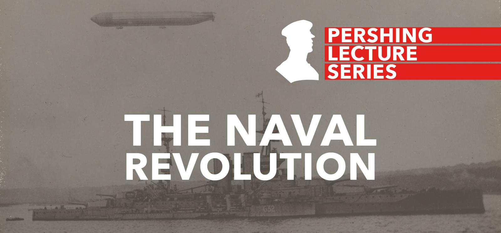 Black and white photo of a battleship with a zeppelin flying overhead