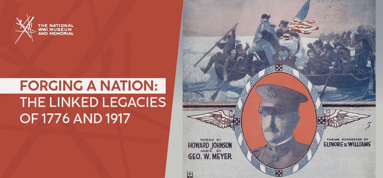 Poster illustration with George Washington crossing the Delaware River in the background and a portrait of General Pershing in the foreground