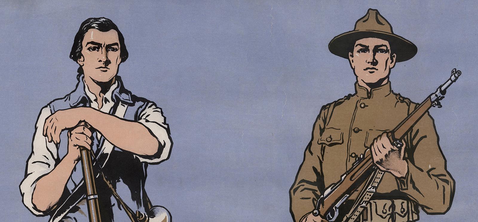 Poster illustration of two identical white men, one dressed in 1700s American colonial garb, the other dressed in 1900s WWI uniform