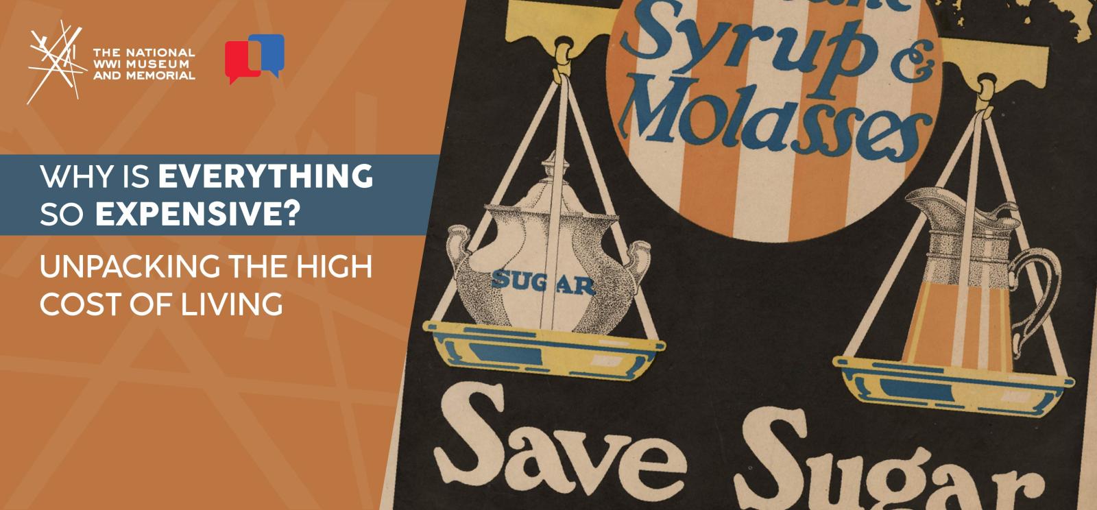 Poster illustration of a sugar bowl and a pitcher of syrup being weighed on scales