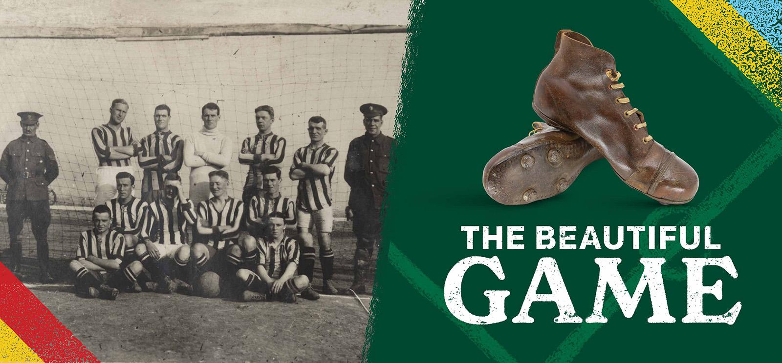 Image 1: Black and white photo of a team of football players posed for a group photo. Image 2: Modern photo of leather football cleats.