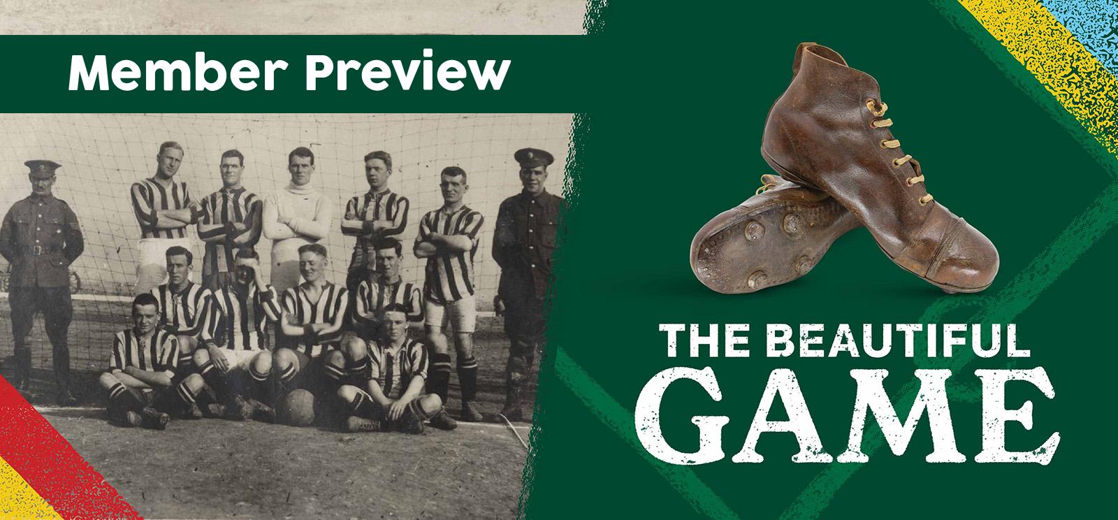 Image 1: Black and white photo of a team of football players posed for a group photo. Image 2: Modern photo of leather football cleats.