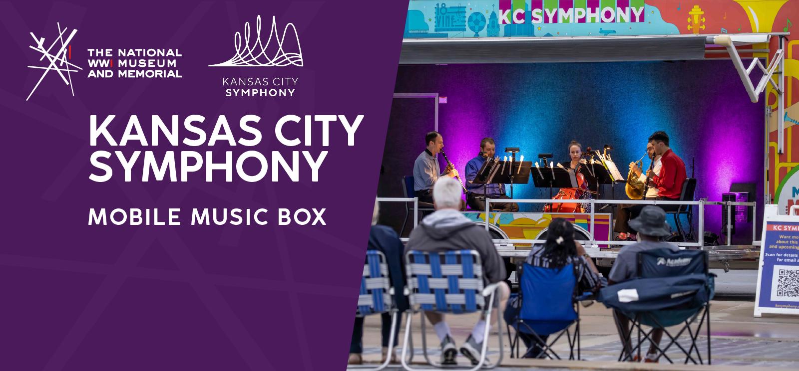 Modern photograph of several chamber music musicians playing on a portable stage lit up in pink and turquoise, as audience members sit in front of them in camp chairs. Text: 'Kansas City Symphony / Mobile Music Box'