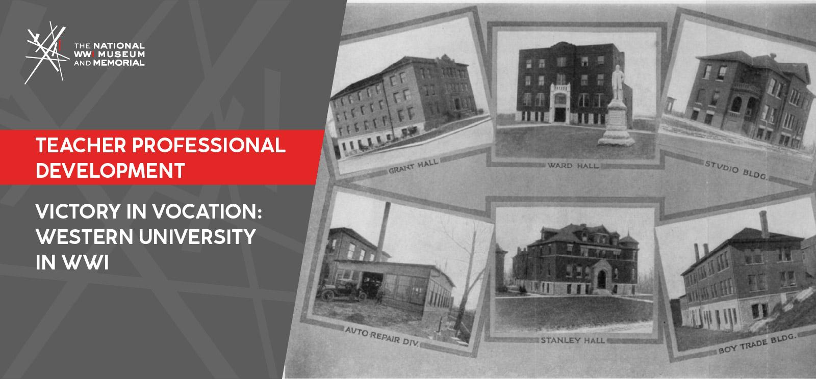 Collage of black and white photos of brick college campus buildings