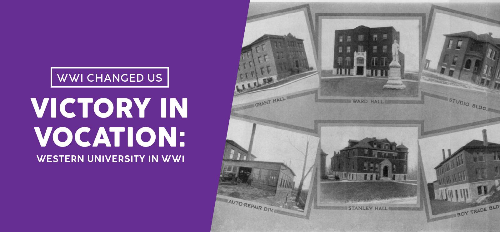 Collage of black and white photos of brick college campus buildings