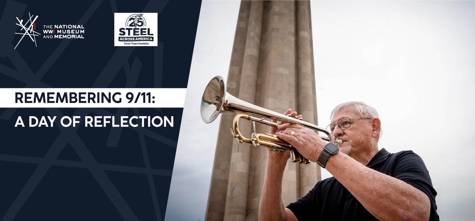 An older white man plays on a trumpet. Liberty Memorial Tower in the background.