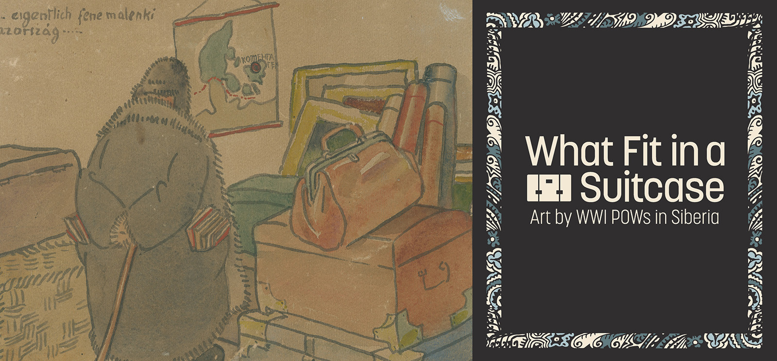 Painting of a person in a long winter coat contemplating a huge pile of suitcases, trunks and paintings