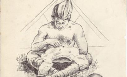 Scanned document. Hand-drawn sketch of a shirtless man sitting cross-legged in front of a small tent. He has his shirt in his lap and he is picking small black bugs off the shirt.