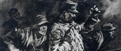 Black and white painting of WWI-era soldiers charging forward at an unseen enemy.
