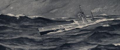 Painting of a u-boat (submarine) surfaced on a stormy sea