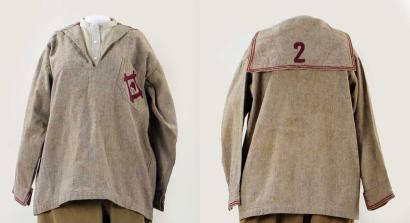 Front and back view of a U.S. Army Nurse Corps baseball uniform